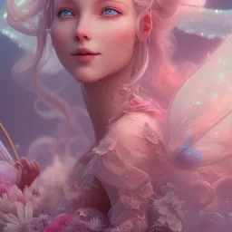 fairy, smiling, pink, green, beautiful, hyperrealism, masterpiece, expert, cinematic lighting, sharp focus, 8K, pastel, macro lens, woman, detailed, flower