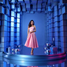 make a picture pretty stage made of metallic blue-gray teme 3d recursive cubic and sphere and cylinder base structures and a beautiful fashion model lady standing with cute in scene with sexy top and pretty pleated midi skirt ,makeup curvy long hair,dynamic camera zoom to full body and pan, dynamic lights.