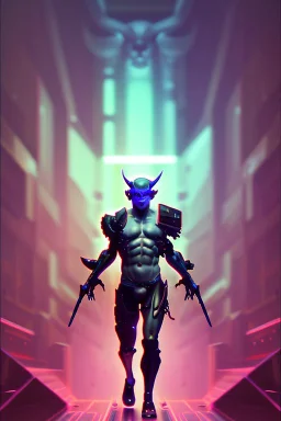 Cyberpunk Satyr, vibrant color scheme, highly detailed, sharp, romanticism, cinematic, concept art, 4k, 8k, trending on art station, purple and blue tones