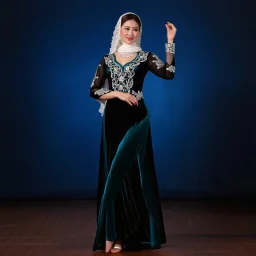 lady in azeri dance custum change clothing color to cyan and black fullbody shot standing in a pretty stage,not decolte,with a long white lace scarf