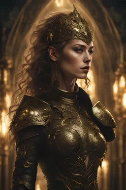 A Captivating Dark Fantasy Portrait Of A Stunning Female Figure In Glossy Armor, Set In A Mystical World With Intricate Details, Organic Metallic Elements, And Golden Lighting, Resembling A Blend Of Medieval Gothic And 1970s Spiritual Advertising Aesthetics.