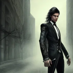 Male, Human, dark long hair, Black Eyes, Young, Hyperrealism, Full Body Shot, City Background, sharp focus, dark, black, steampunk