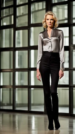 photography of a beautiful anorexic woman, silver satin blouse, megyn kelly show, black leggins