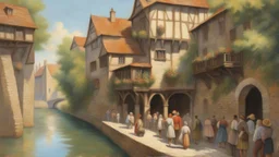 medieval buildings, balconies overhanging a river, blue sky and people, photorealism, trees, foliage, piers,