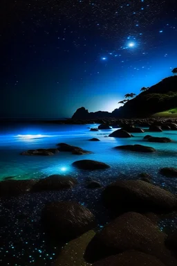 The beach of the island of Leela its waters are full of blue stars illuminated by blue light