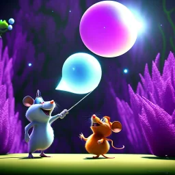 The mouse and the executioner discussing the future of the universe on bubble world, art by Pixar and Dreamworks