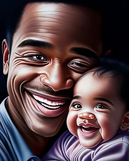 Papá feliz sonriente con su bebé mirándolo a los ojos felíz cuerpo completo colores contrastantes obra de arte arte digital impactante detallado ojos negros pelo negro hiperrealista 8k coherente