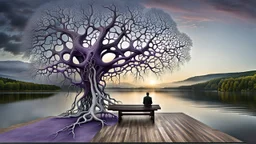 back to the camera a figure sittings on amorph bench in a beautiful landscape and overlooking the water of the nearby lake, calm, harmonious atmosphere, muted dark colors, purple, white, gray, green, blue, brown, silver, black , ,not too colorful colors, Whimsical style and giant stunning neuron network all over the sky, half shadow and half light abyss, surreal stunning vibe