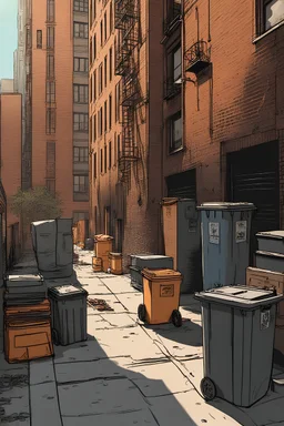 new york alley way. on a sunny day. the atmosphere is sunny and vivid. should include a garbage container and steem coming out of a pipe, the alley opens up to a large open space in the center at the end where it junctions into a large avenue far back.