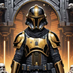 star wars bald male corellian pilot wearing pearlescent black and gunmetal grey First Order special forces heavy assault stealth commando armor and helmet with gold trim inside the jedi temple, hyperdetailed, dynamic lighting, hyperdetailed background, 8k resolution, volumetric lighting, light skin, fully symmetric details