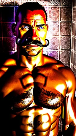 portrait photo of stocky marocan with moustache 40 years old under the shower, manly chest, big tights, in a old bathroom, misery and poverty, photorealism, 35mm lens, ultra detailed