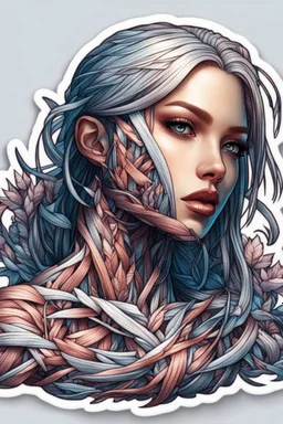 a sticker with a drawing of a woman's face, cyberpunk art inspired by Marco Mazzoni, Artstation, fantasy art, fantasy sticker illustration, intricate digital artwork, cyborg - girl with silver hair