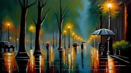 A beautiful oil of canvas park scene in the evening, heavy rain, lights reflecting of the wet pavements and surfaces, detailed, complex, high definition