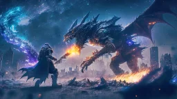 post apocalyptic space sorcerer fight againts a black dragon, destroyed city, night starry sky, epic cinematic fight scene, 8k resolution, photorealistic, ultra detailed, macro photography