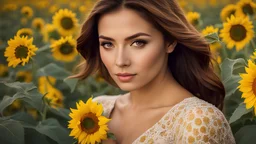 A woman with flawless skin stands amidst a sea of sunflower blossoms, her gaze meeting the camera with a sense of intrigue. The warm tones of the image create a romantic atmosphere, perfectly matching the color palette. The sharp focus captures every detail, while the post-processing techniques add a unique and creative touch. The composition is expertly crafted, with global illumination adding a sense of depth & dimension. Taken with a Canon EF 16-35mm lens, this portrait is a stunning example