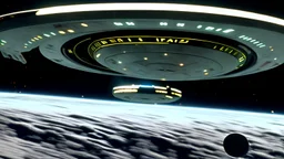 a screen capture from a star trek movie of a battle-damaged starship enterprise IN the year 2380 IS IN A BATTLE with monster ufos sci-fi meticulous, highly-polished, photorealistic, studio production, intricately detailed, GALACTIC, directed by gene Roddenberry, looking down and from the left rearcorner,visiblaftalsdjfafterburner