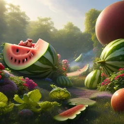 pixar style, volumetric summer garden environment and background, volumetric lighting, dramatic lighting, realistic painting of an watermelon, looking excited, detailed digital painting, extreme dense and fine fur, anime, ornate, colour-washed colors, elegant, small minutiae, tiny features, particulars, centered, smooth, sharp focus, renderman gofur render, 8k, uhd, detailed eyes, realistic shaded volumetric lighting, sunlight caustics, backlight, centered camera view