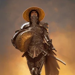 portrait,"Insanely detailed photograph of an armored mariachi warrior with sword", intricate charo,large Sombrero,elegant, detailed D20 flair, digital painting, artstation, concept art, smooth, sharp focus, illustration, art by artgerm and greg rutkowski and alphonse mucha, 8 k