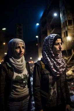 Palestinian girls wears Palestinian keffiyeh , Destroyed Buildings , with a Explosions, at night