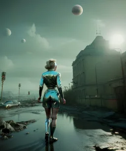 Ultra Realistic retro sci-fi 1960 scene, waist up view portrait, blonde woman, sweet young Marilyn Monroe face, perfect iris, tight latex coat, Strange planet background, Retro sci-fi tight style, sphere dron, fog, rain, soft color, highly detailed, unreal engine 5, ray tracing, RTX, lumen lighting, ultra detail, volumetric lighting, 3d, finely drawn, high definition, high resolution.