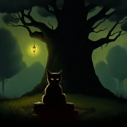 a painting of a cat sitting in front of a tree, a storybook illustration by Gediminas Pranckevicius, featured on deviantart, gothic art, ominous vibe, storybook illustration, dark and mysterious