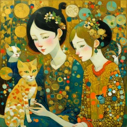 Random people and cats, random environment, random artistic style, random mixed techniques, random colours, random shapes, minimalist, creative, Precise figures, realistic textures, Klimt