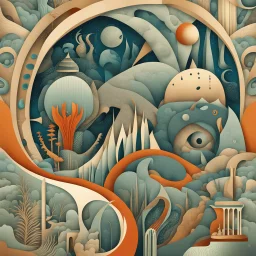 Surreal alphabet art, letters and symbols hidden in a surreal biomorphic landscape, letter shapes, maximalism, intricate detail, art deco elements.