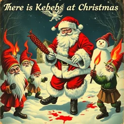 there is no kebabs at christmas, evil Santa, evil gnomes running around, staring flaming eyes, evil Rudolf, very big evil angry Frosty the snowman in background, kebabs and kebab, 1940 christmas postcard, blood stains, Flying angel Keruber, Santa holding a knife