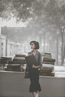 a student girl 22 years old ,short hair with her books in her hand walking in street,next to trees.