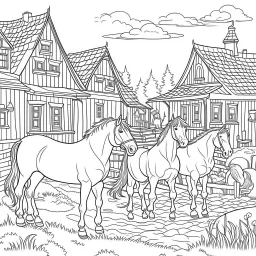 oloring book for kids, no colors, horses in village