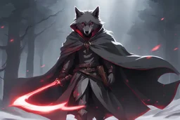 Anthropomorphic red eyed light grey wolf wearing a black hooded cloak and wielding two sharp curved sickles in 8k solo leveling shadow artstyle, machine them, close picture,