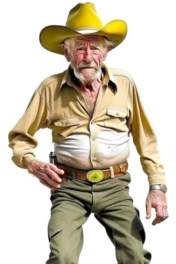 Bare drunk old cowboy in pants runner