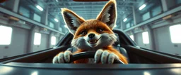 car driving happy 2d fluffy orc fox in the style of Escher and Giger and Fallout 4, pinhole cam, airbrush 3d rendering, on tv screen:A five-second cinematic single take in a clean industrial presentation hall.