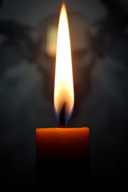 Close-up of the candle flame that glows unnaturally bright, mysterious aura, soft, a devil face in distance in the background
