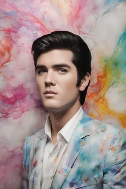 Elvis Presley, Lucy Hale Hybrid, 4k UHD, photorealistic, bright, extremely colorful, multicolored, foggy, gradated marble wall background, extremely detailed skin texture,