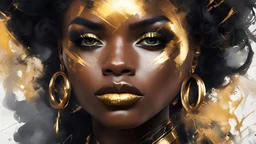 designed by greg manchess,smoke, Close Portrait of a Black model woman, bright eyes, glossy lips, futuristic gold face war paint, trending on art station, photoreal, 8 k, octane render by greg rutkowski, art by Carne Griffiths and Wadim Kashin ,in the style of Dau-al-Set, Pollock, and inspired by MAPPA and Zdzislaw Beksinski