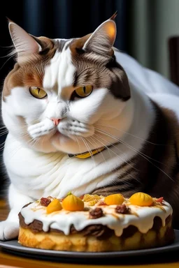 Portrait of a white fat cat eating chocolate cheescake.