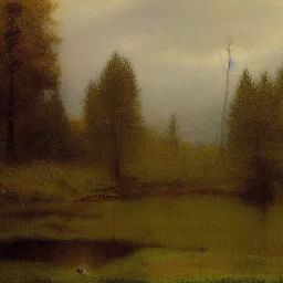 George Inness, painting, pine trees, swamp, hills, photo realistic, 8k