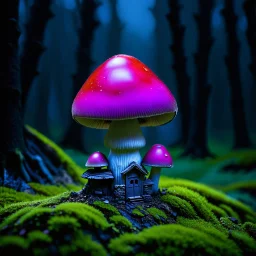 "Close up of a wonderful tiny Mushroom Tower home. Magenta and red with bright white, deep black and contrasting tones of gray magenta and violet colors. Illuminated bioluminescent forest. Professional painter, master at composition. small but detailed. broken, blurred background, voluminous lighting"