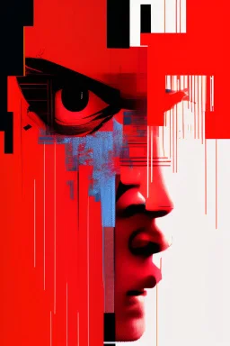 skip skip skip vs art jux tox, arafed abstract red patterns, cyberpunk juxtapositions parallel with arafed probabilities, no outlines, 2D photography, glitch pattern background, eye closed, eye reduced to single line, slight smile, dramatic, dynamic, tilt dynamism, double exposure, negative space, liminal space, tint leaks, glitch fragments, scream vibe, caffeine vibe