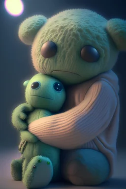 Alien hugging a teddy bear, artstation, HD, octane render, 8k resolution