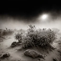 A striking quality photograph captures a wasteland with groups of plants, creepy, details of the dust very accentuated, glossy organic mass, adorned with minerals and rocks. Bathed in intense light, eerie, Max Ernst style, black sun, fog