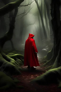 главный герой Данте в красном одеянии находится в жутком древнем лесу, сомнений, страхов.