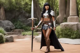 Jameela Jamil at the good place as a barbarian warrior with boots, her armour is made of linen and leather with pikes, she holds a war pike