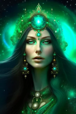 Galactic beautiful woman empress of sky deep green eyed longhaired