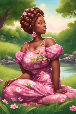 An airbrushed illustration of a curvy black cartoon woman sitting relaxed on a sunny riverbank, lush green grass surrounding her. Facing left in profile, she has flowing chestnut hair styled in an elaborate braided twist. complementing the pink floral maxi dress wrapped snugly around her exaggerated curves. One hand touches her cheek lightly as she looks to the distance, brown eyes enhanced by long lashes and purple eyeshadow. Bold brown lips match the brown flowers on her dress