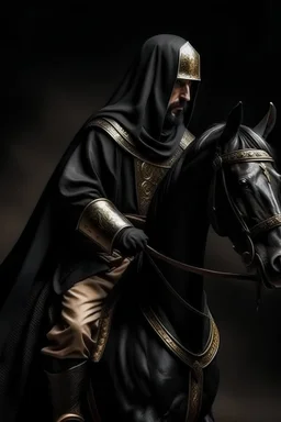 Arabic knight on a black horse withe a sword