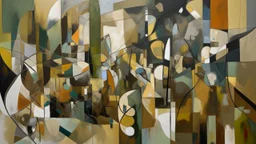 Abstract painting, expressionist style. Large-scale composition featuring various geometric shapes and figures. Predominant colors include shades of gray, beige, dark brown, olive green, and black. Areas of intense color contrast with muted tones, creating depth and visual interest. Brush strokes are visible, emphasizing the process of creation. The painterly style suggests a sense of movement and energy. The texture of the piece appears thick in some areas and thin and delicate in others. A dyn