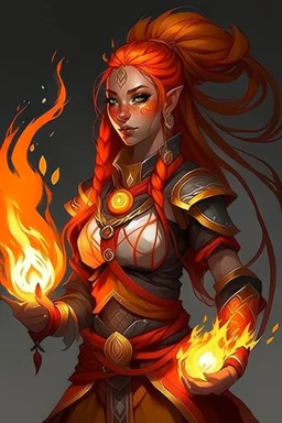 Female paladin Druid. Made from fire, hair is long, half braided. Fire eyes. Makes fire with hands.
