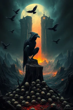 a weird bird-man creature in dark hooded and hat sitting on top of a tree stump, pile of skulls under his feet, under in valley a ruins city with fires and ash and bones, dark deep colors, style by Vincent Lefevre, El Kazovszkij, and Lovecraft , black ravens fly on the dakr sky, nightmare, dark dream of the end the world, in the background floating a tall dark magic gate into after-life, surreal weird art, cinematic